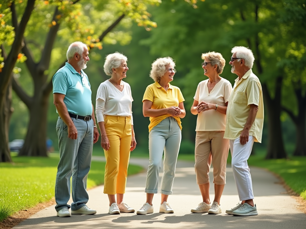 Grupa seniorów rozmawiających na spacerze w zielonym parku.